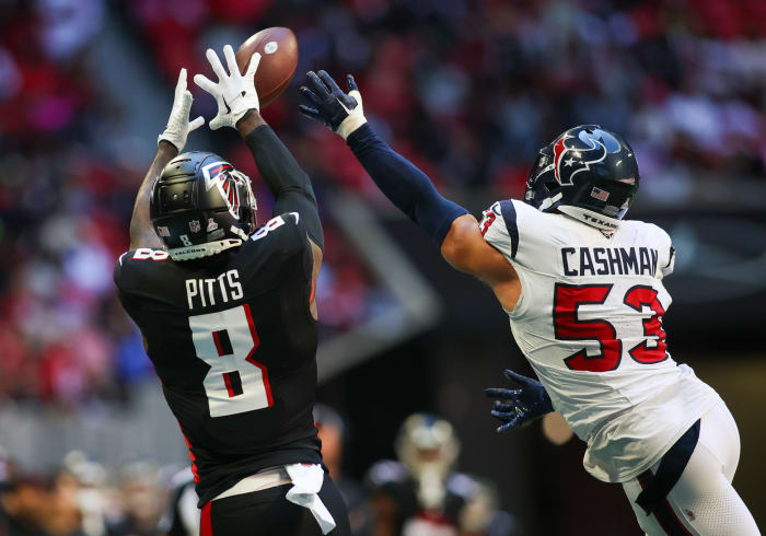 Oct 8, 2023; Atlanta, Georgia, USA; Houston Texans linebacker Blake Cashman (53) defends a pass intended for Atlanta Falcons tight end Kyle Pitts (8) in the second quarter at Mercedes-Benz Stadium.